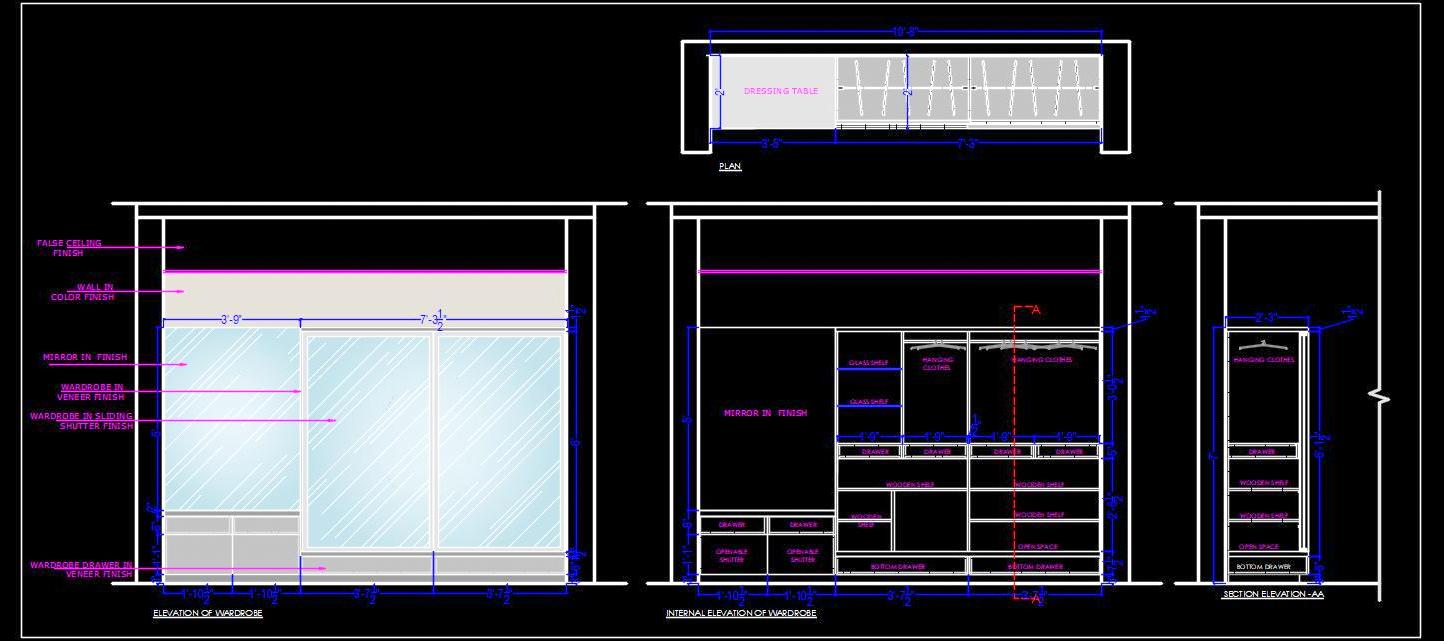 Sliding Wardrobe Design with Dressing Table CAD Detail